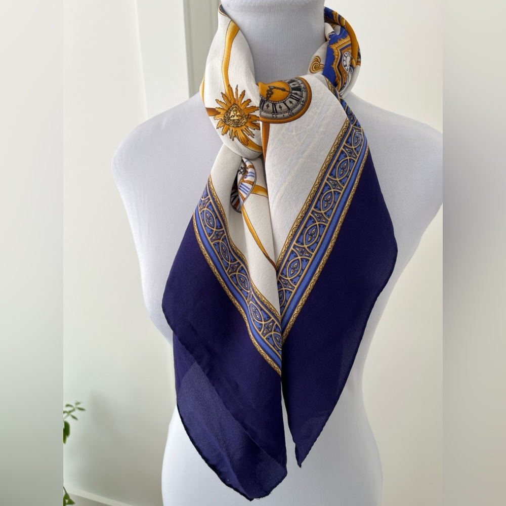 SCARF Square Unsigned Classic Clock Pattern Navy Gold Cream Timeless Chic - Picture 3 of 16